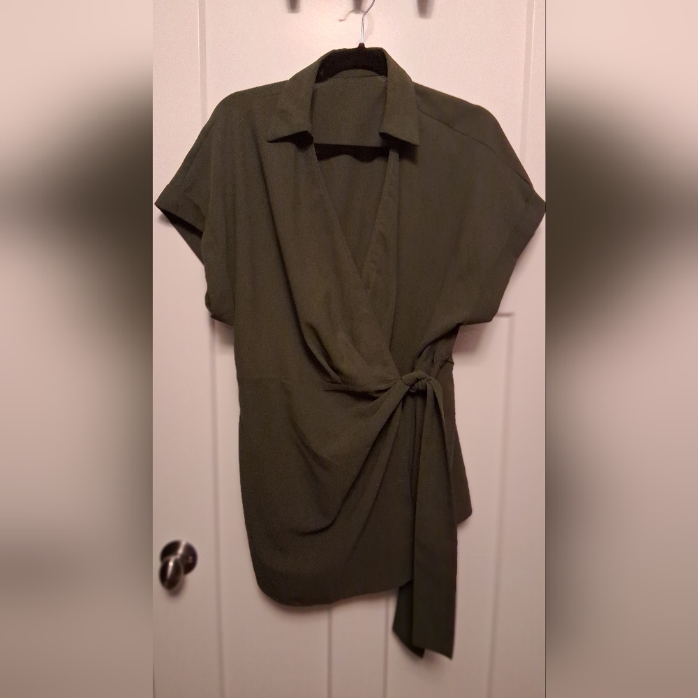 2X Olive Green Tie-Waist Blouse Tunic Wrap Top